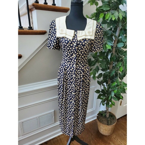 Vintage Perceptions Blue Floral Square Neck Short Sleeve Long Maxi Dress Size 6 - Picture 1 of 10